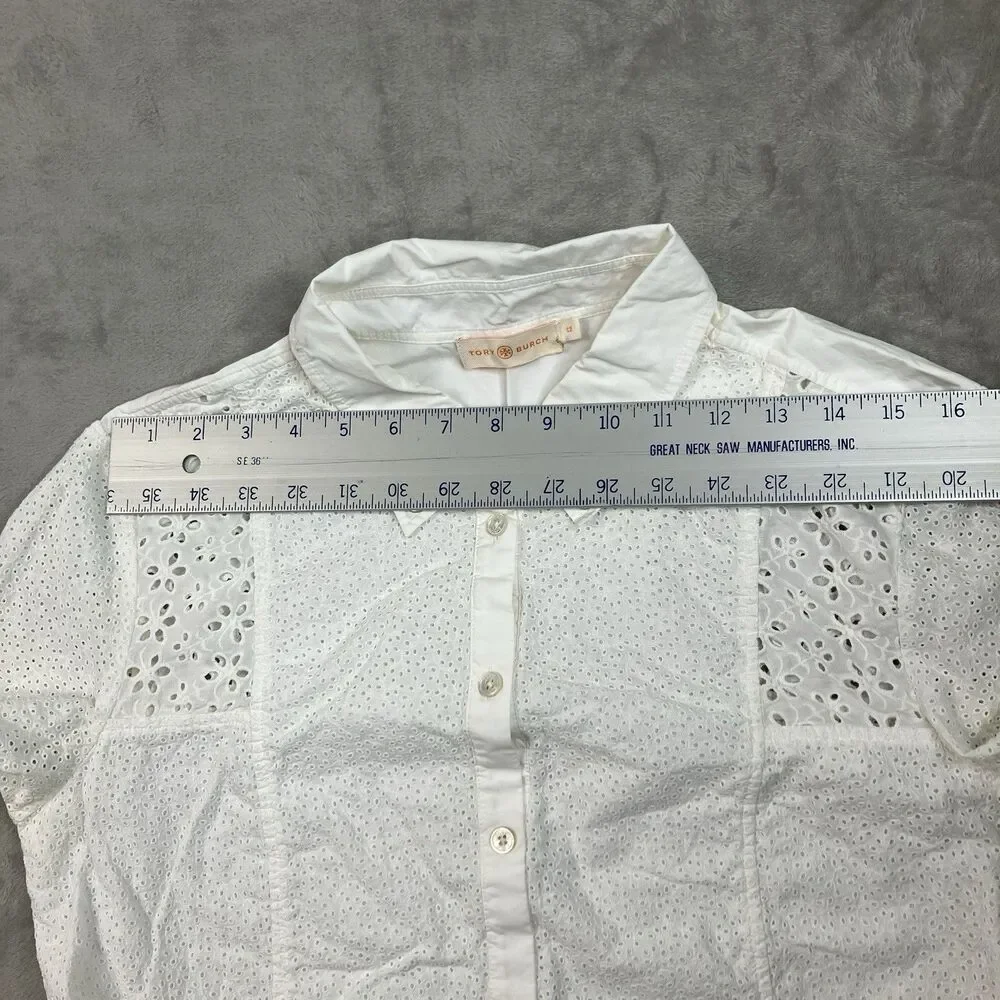Tory Burch Shirt Dress Womens 12 White Cotton Eyelet Lace Bell Sleeve Vacation